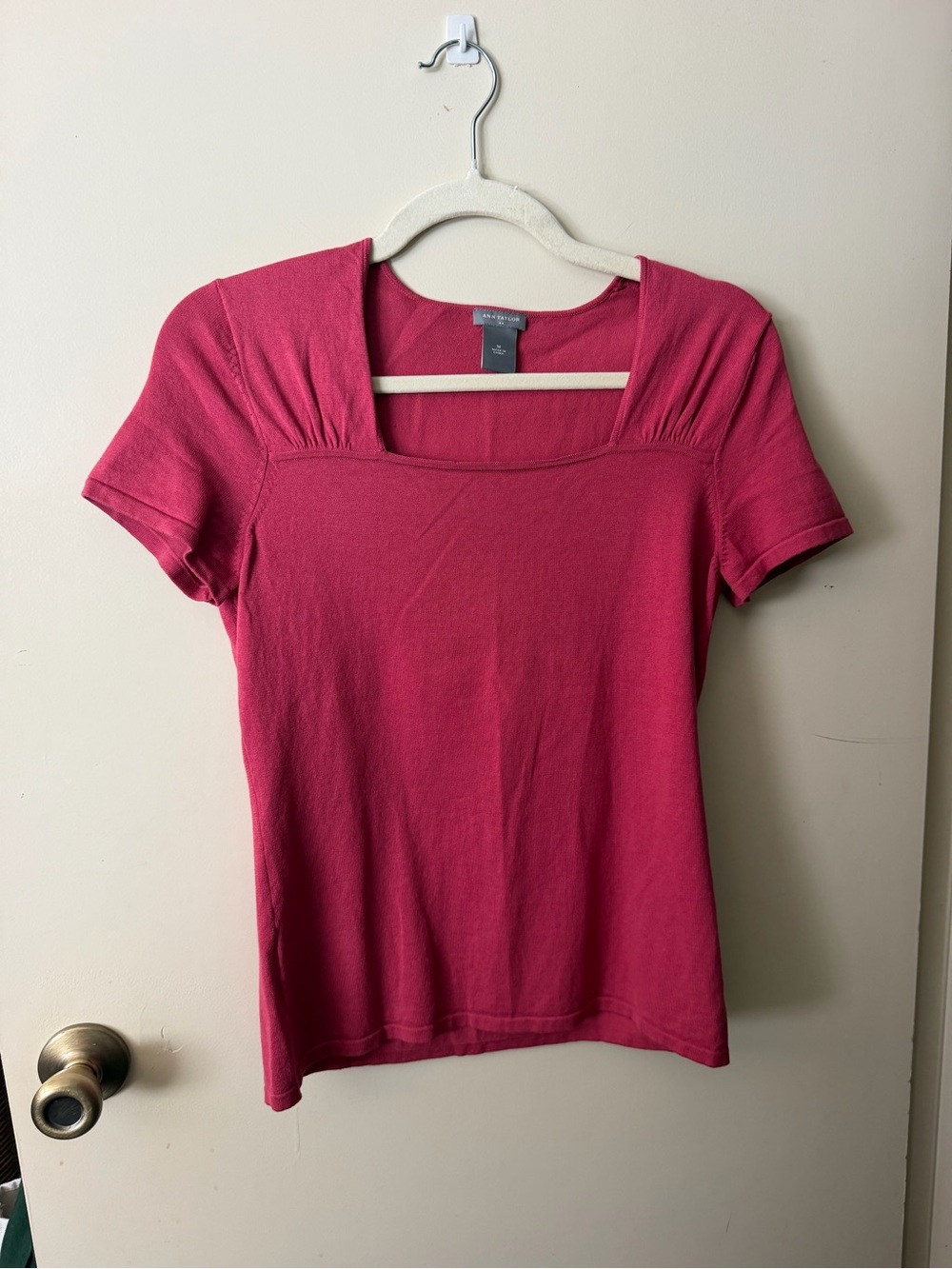 Ann Taylor Short Sleeve Square Neck Top - Raspberry